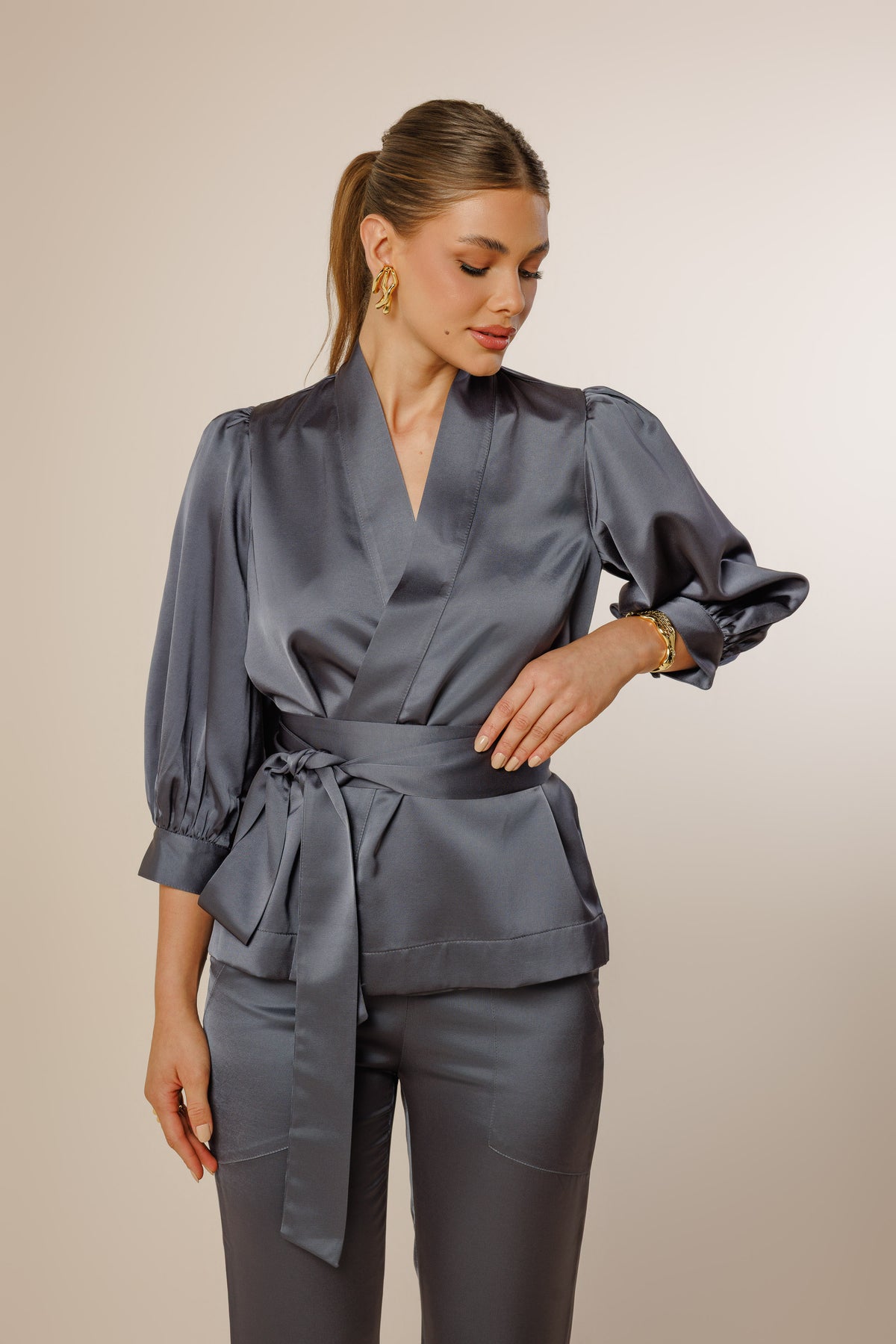 Sarah Satin Kimono Wrap Blouse